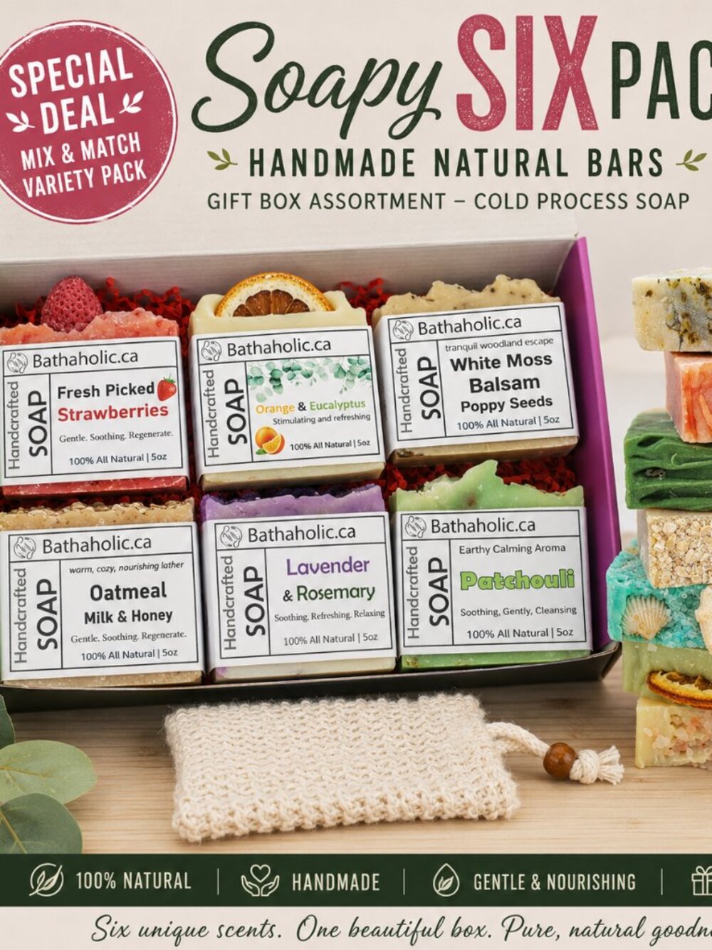 Soapy SIX Pack – Handmade Natural Bars – Gift Box Assortment – Cold Process Soap